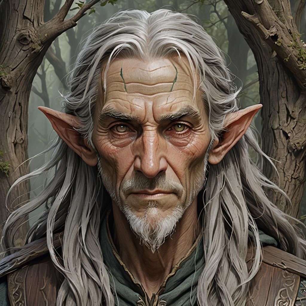Aged wood elf healer with thick gray hair and an ancient but...