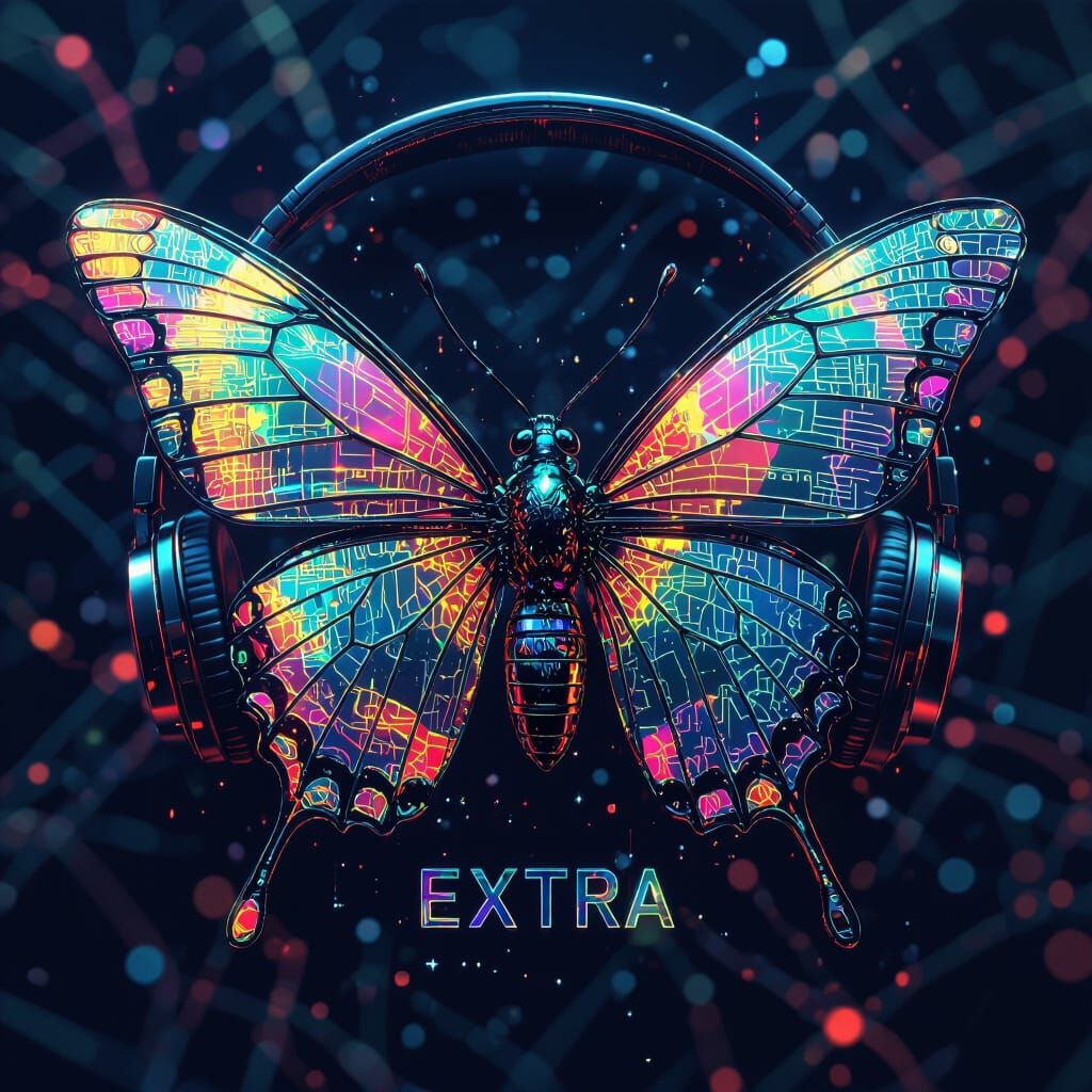 Spectrogram Insect with Bioluminescent Wings and Headphones