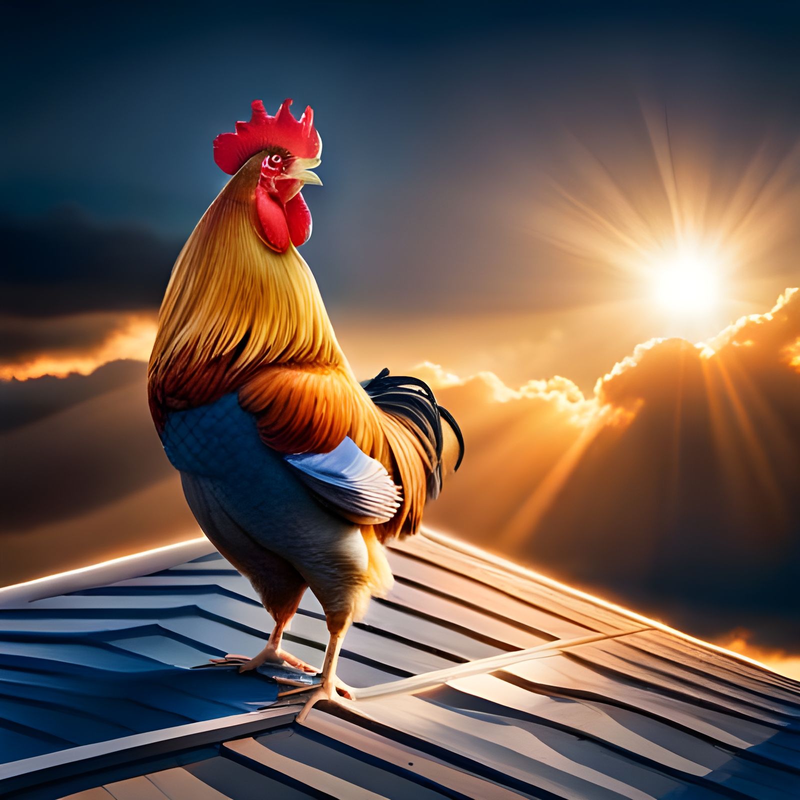 Hyperrealistic Rooster Crowing on Barn Roof