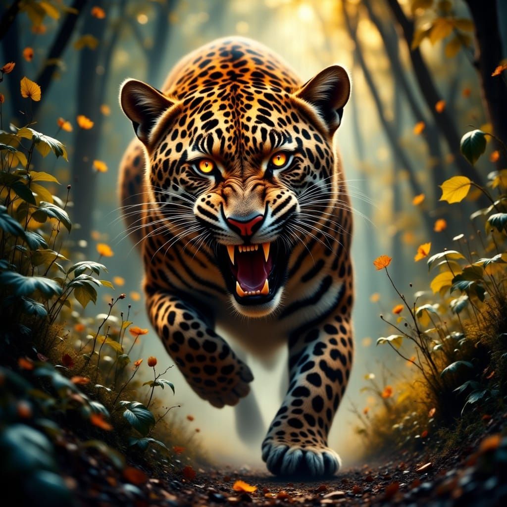 Fierce Leopard in Mid-Roar, Bursting Through the Underbrush