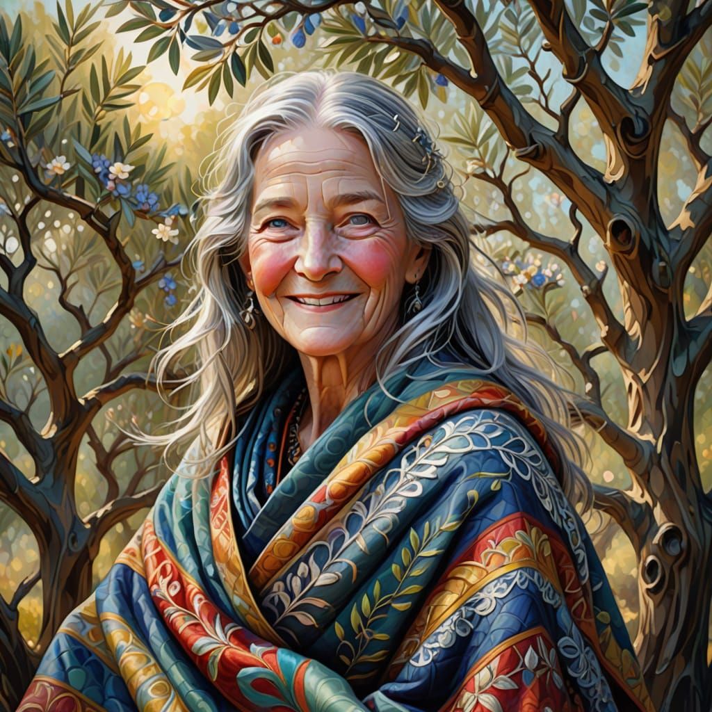 Ethereal Digital Painting of a Smiling Elder Woman in Jewel-...