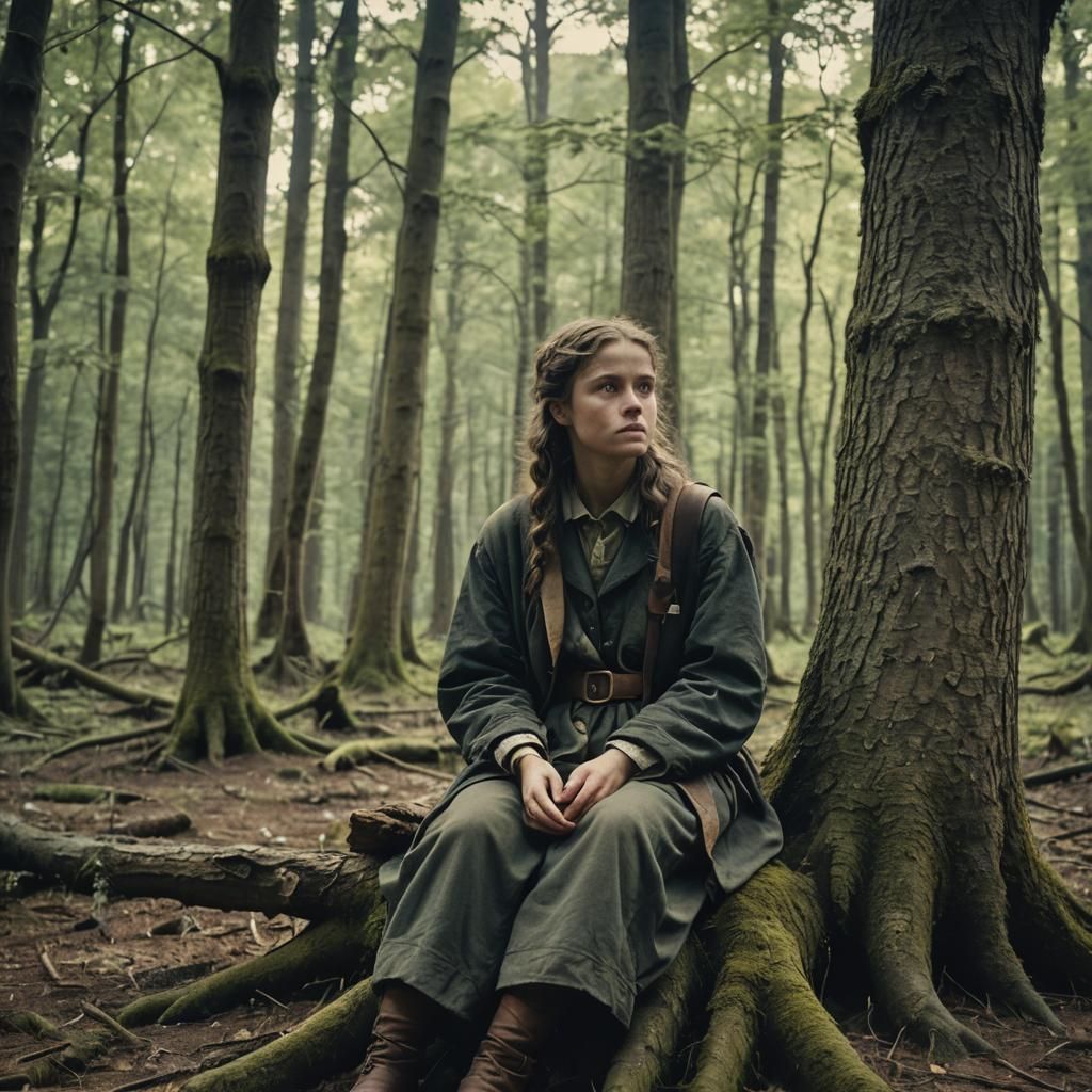Medieval Peasant Girl in Forest, Cinematic Film Still