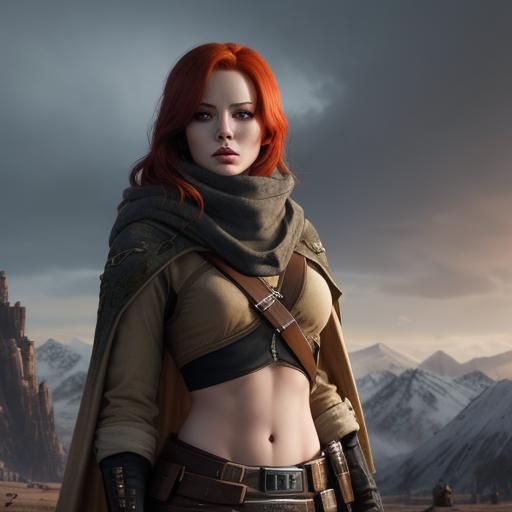 Sci-Fi Redhead Bandit in Mountain Landscape