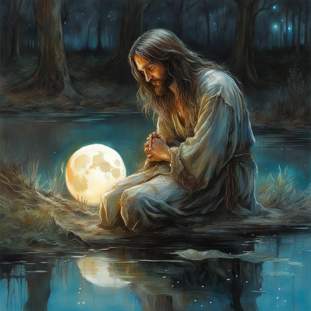 Comforting Bioluminescent Moonlit Scene with Jesus