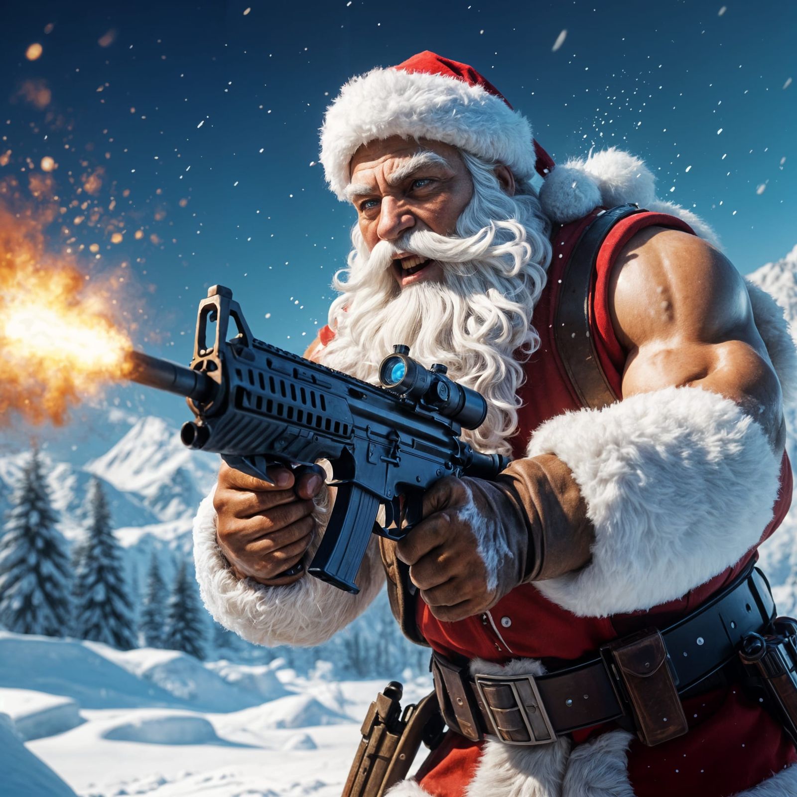 Surreal Santa Firing Assault Rifle in Winter