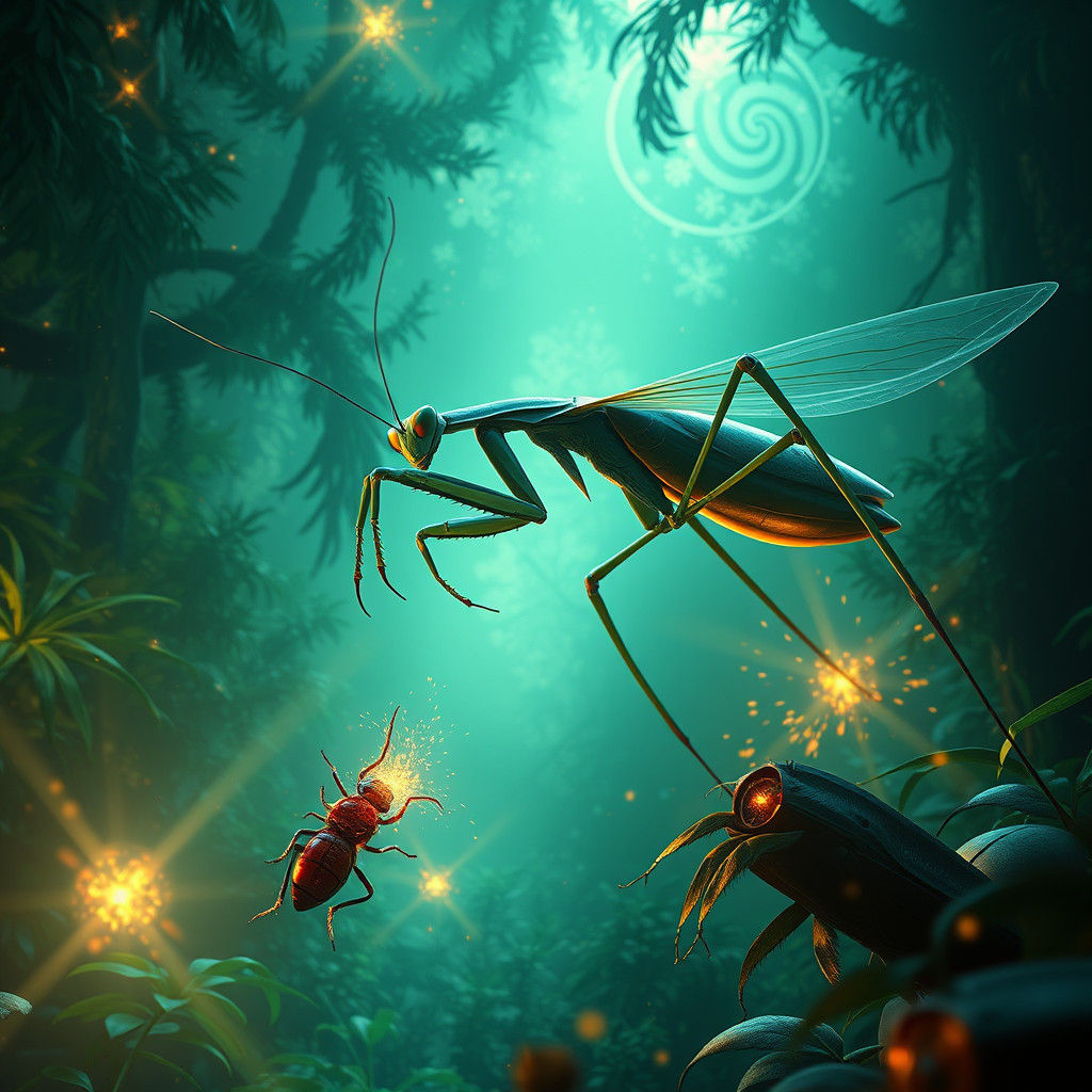 Ethereal Praying Mantis Captures Iridescent Bug