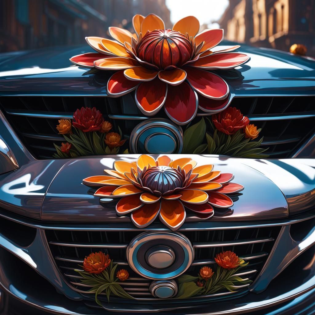 Metal Flowers Bloom in Car Engine: Hyperdetailed Concept Art