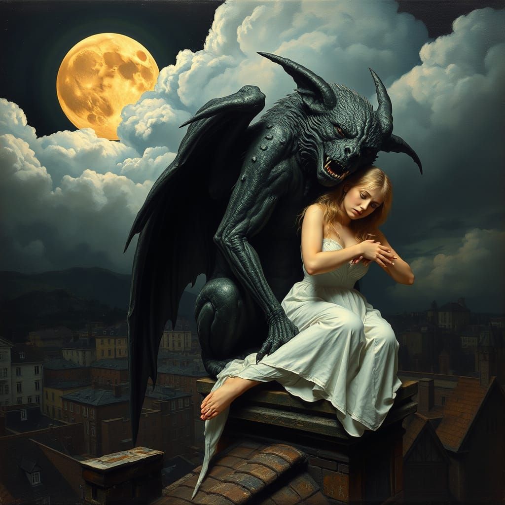 Surreal Gothic Woman and Gargoyle, Oil Painting