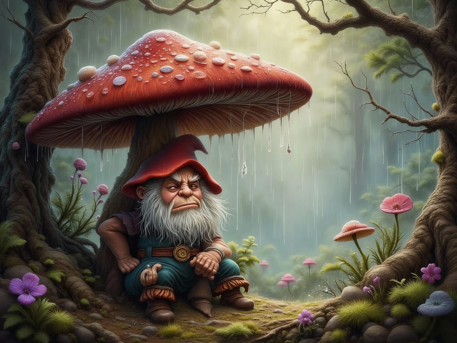 Grumpy Gnome Hiding Under Mushroom in Rainstorm