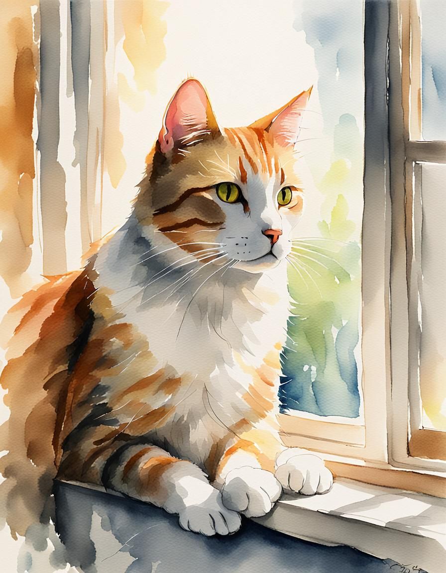 Watercolor Cat Portrait in Sunlight