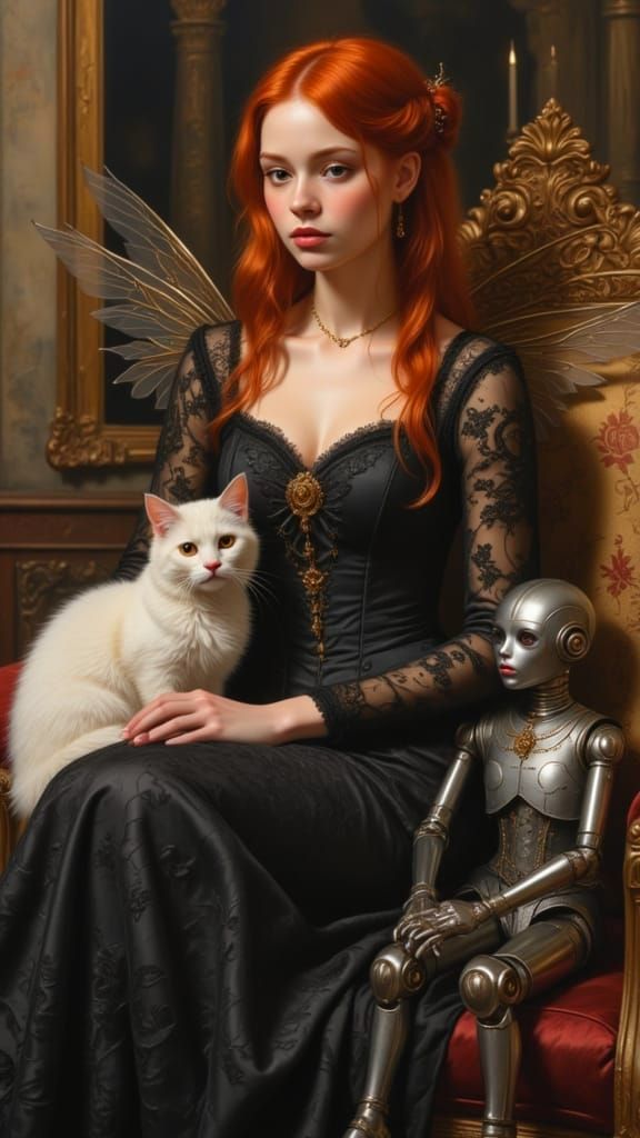 Ethereal Woman with Cat and Robot, Pre-Raphaelite Style