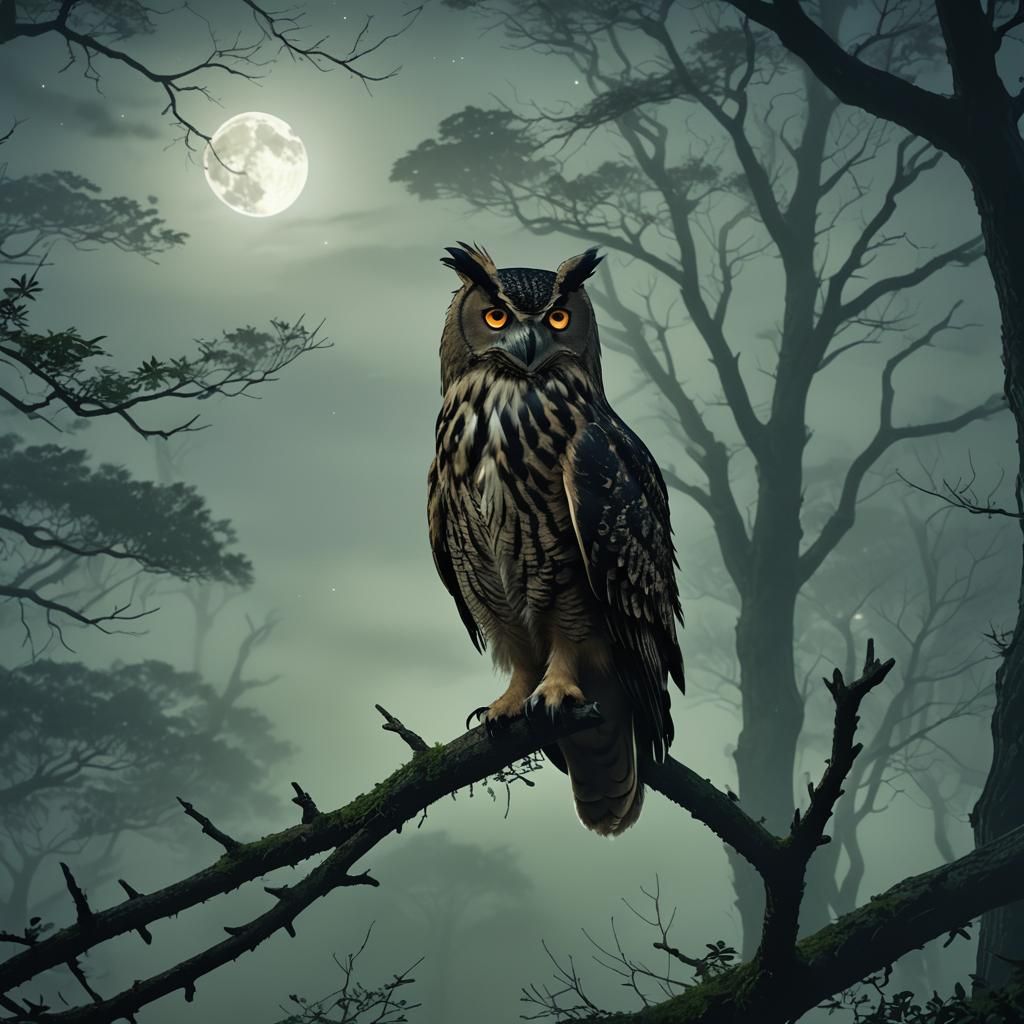 Eagle Owl in Misty Forest: Vibrant Anime Style