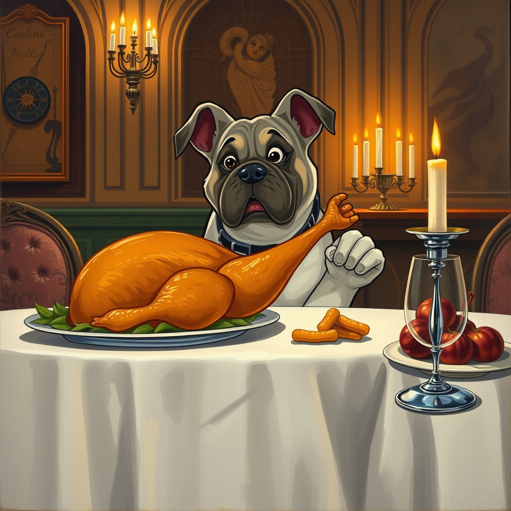 A large dog stealing the leg off of a Thanksgiving Turkey fr...
