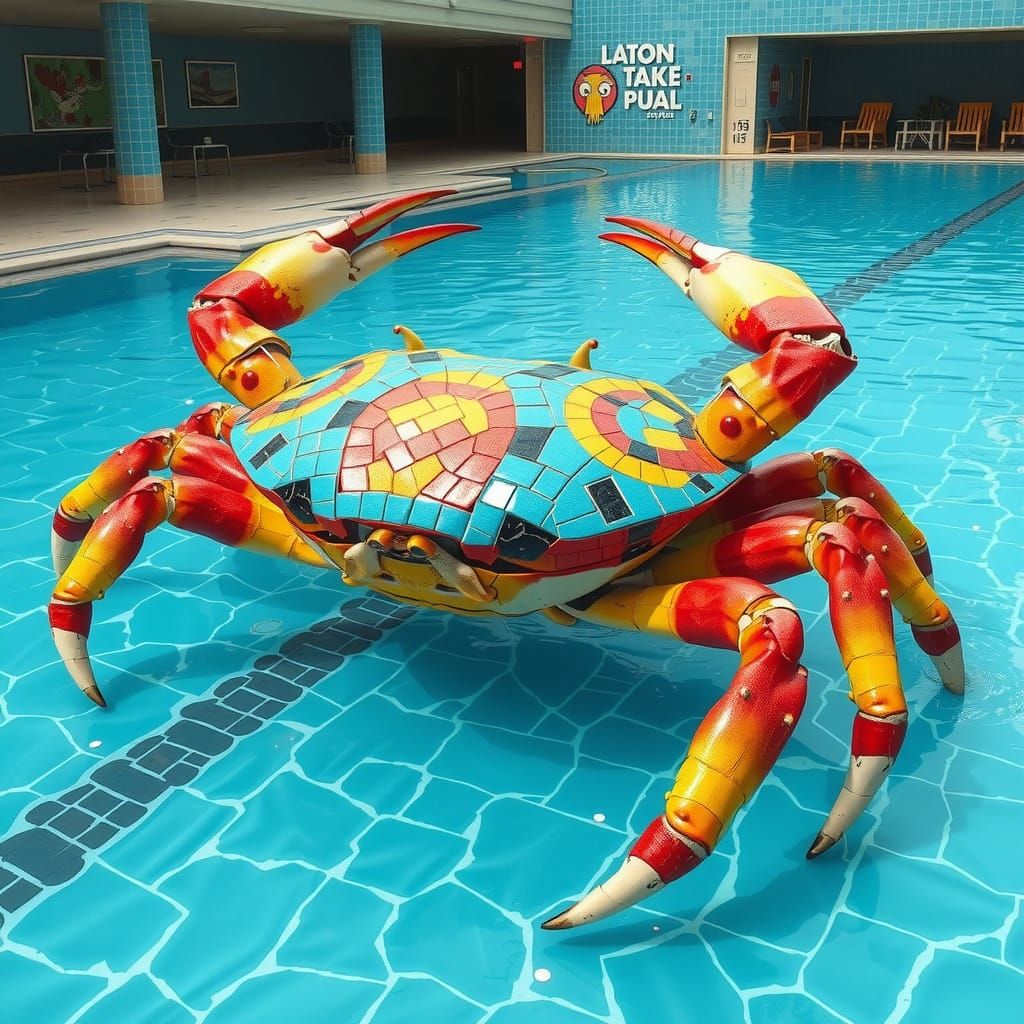 Giant Ceramic Crab Crawls Across Pool in Pop Art Style