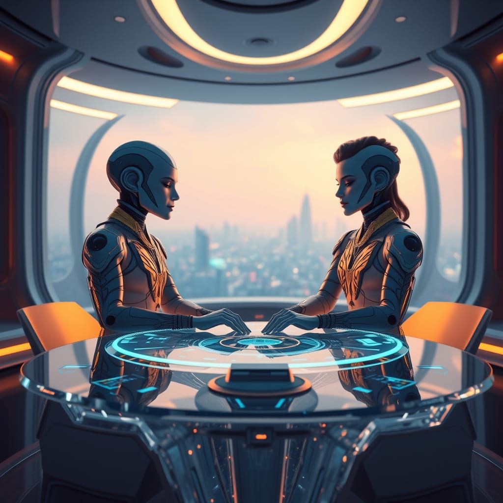 Futuristic Interior with Humanoids in Cinematic 3D Render