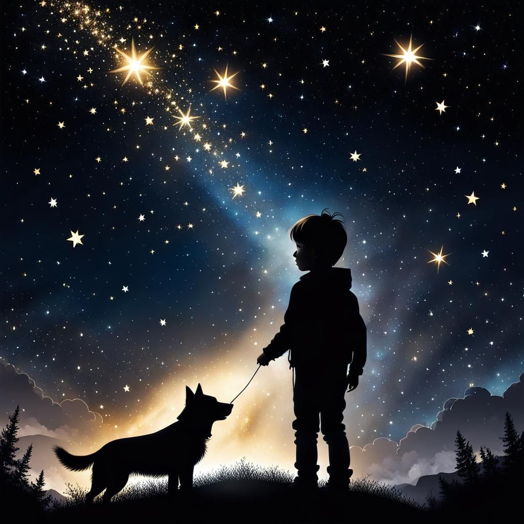 Child and Dog Silhouette Under Starry Sky