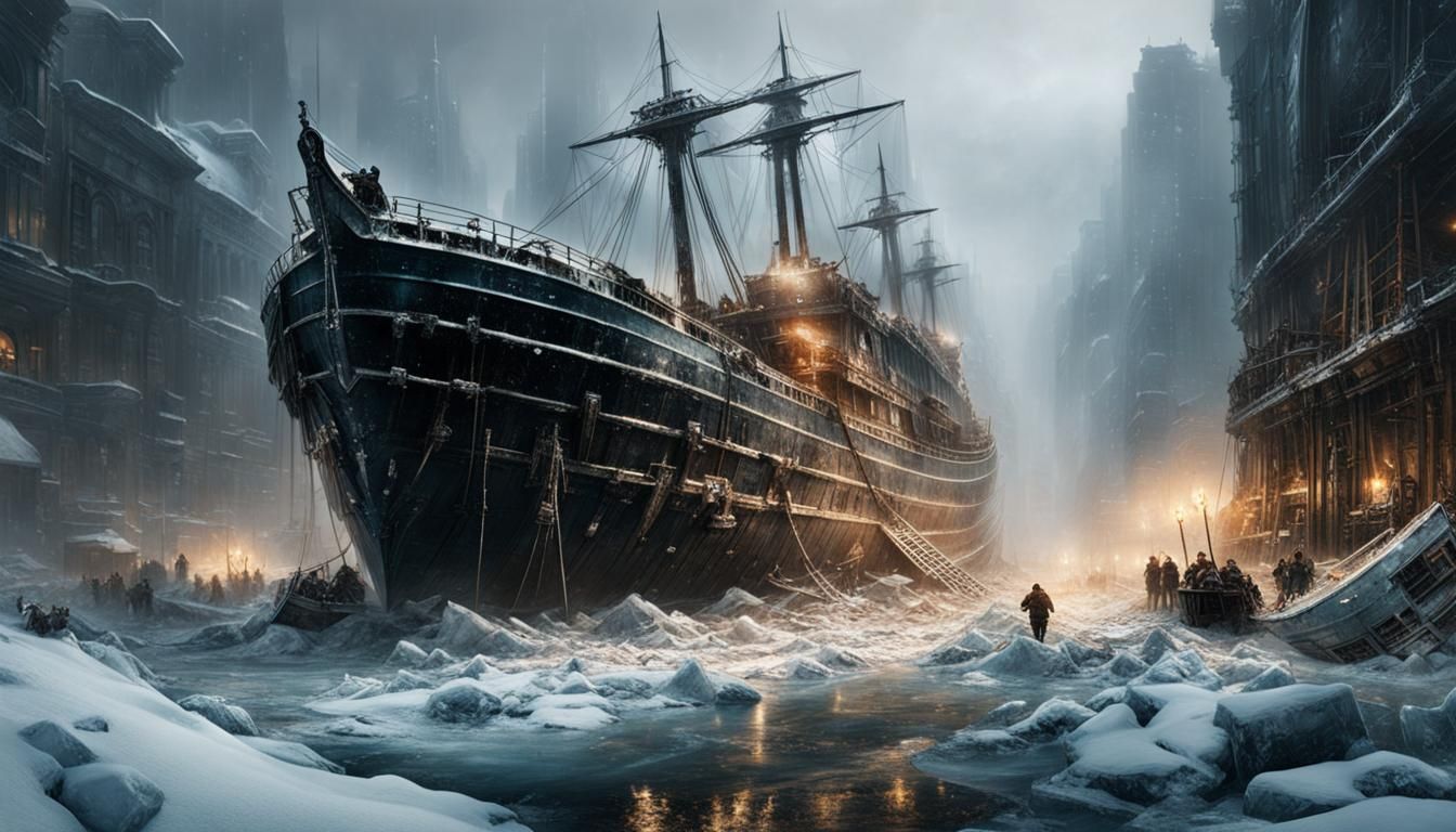 Frozen Shipwreck in Ice Age, Hyperrealistic Mixed-Media