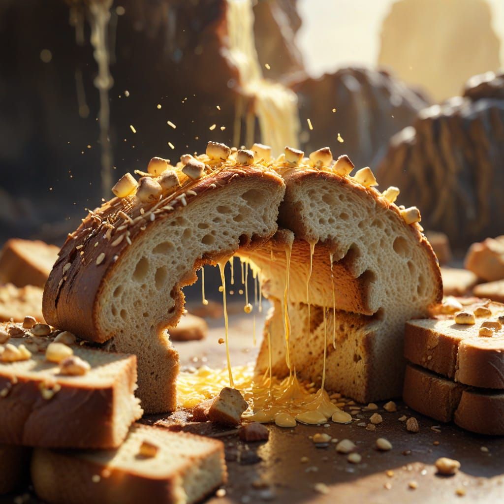 Hyperrealistic Toasted Bread Bridge with Cookie People