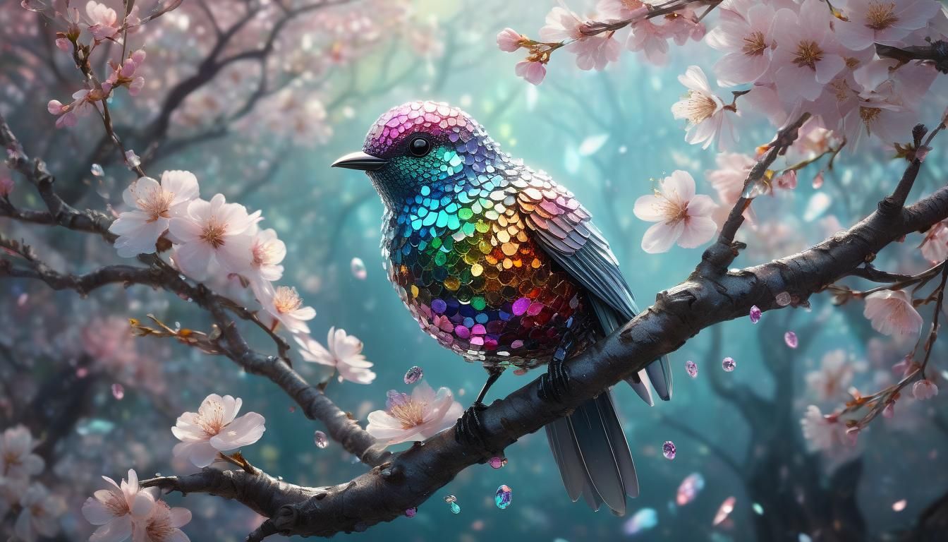Diamond Crystal Bird on Cherry Blossoms
