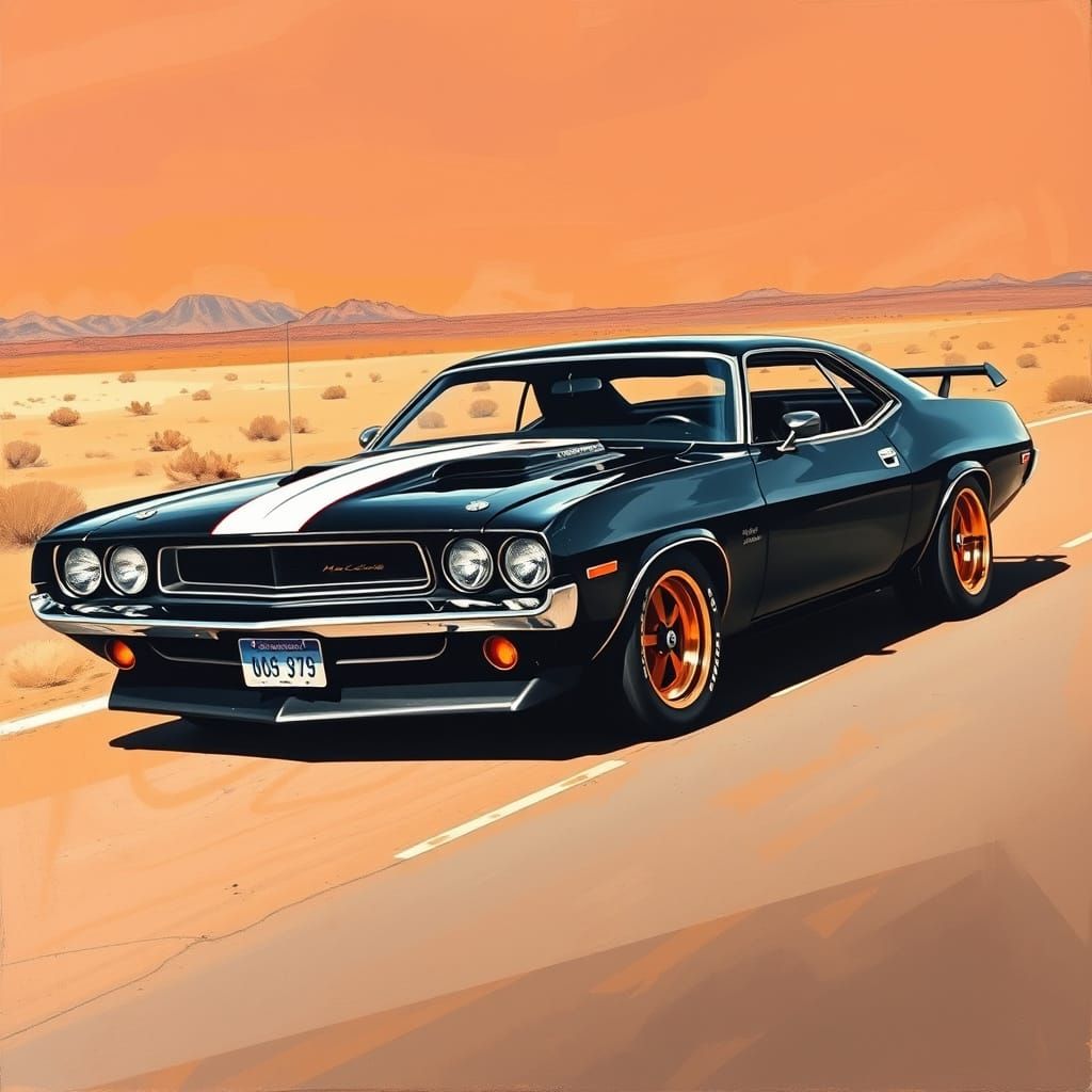 1970 Muscle Car on Desert Road in Graffiti Style