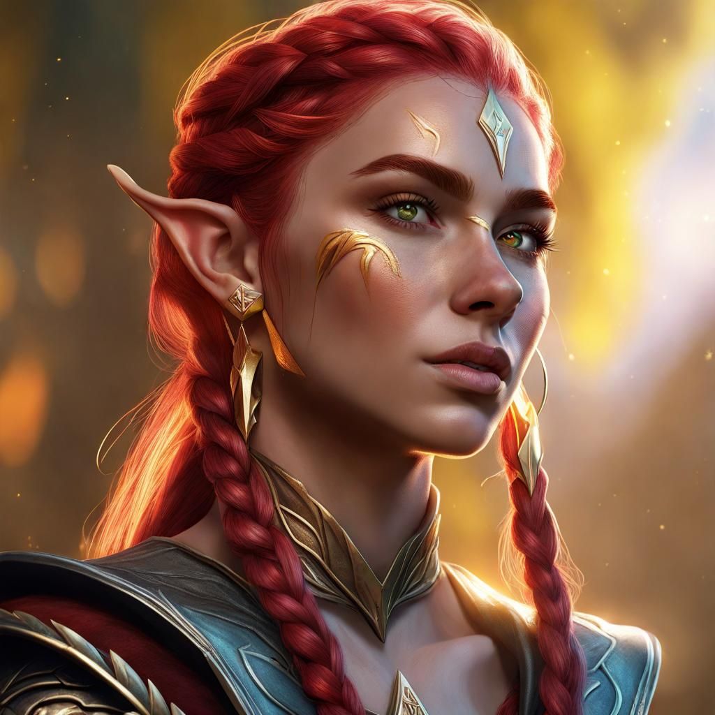 Hyperreal Elf Ranger Portrait with Braided Red Hair