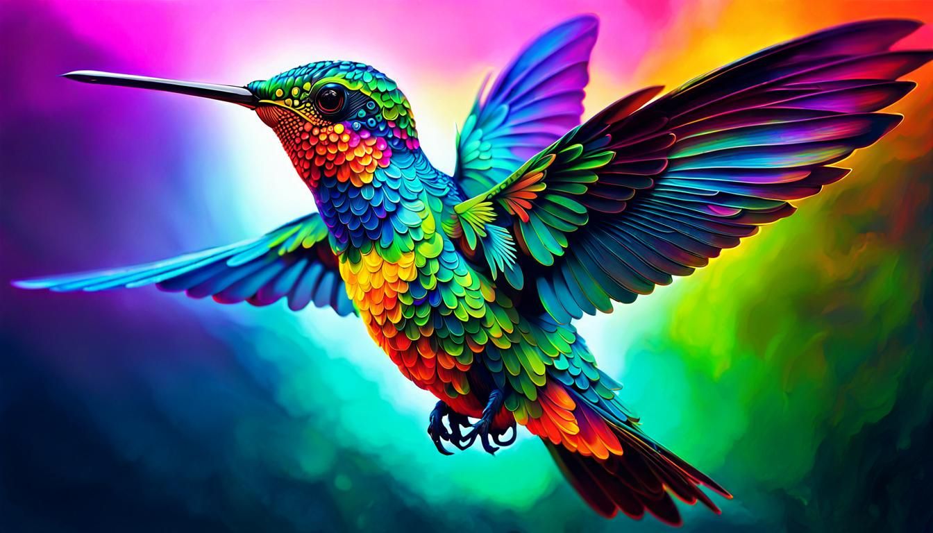 Neon Steampunk Hummingbird in Vibrant Digital Art