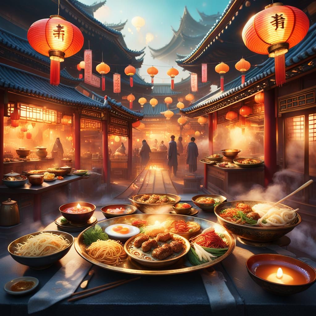 Vibrant Asian Street Food Platter in Fantasy Style