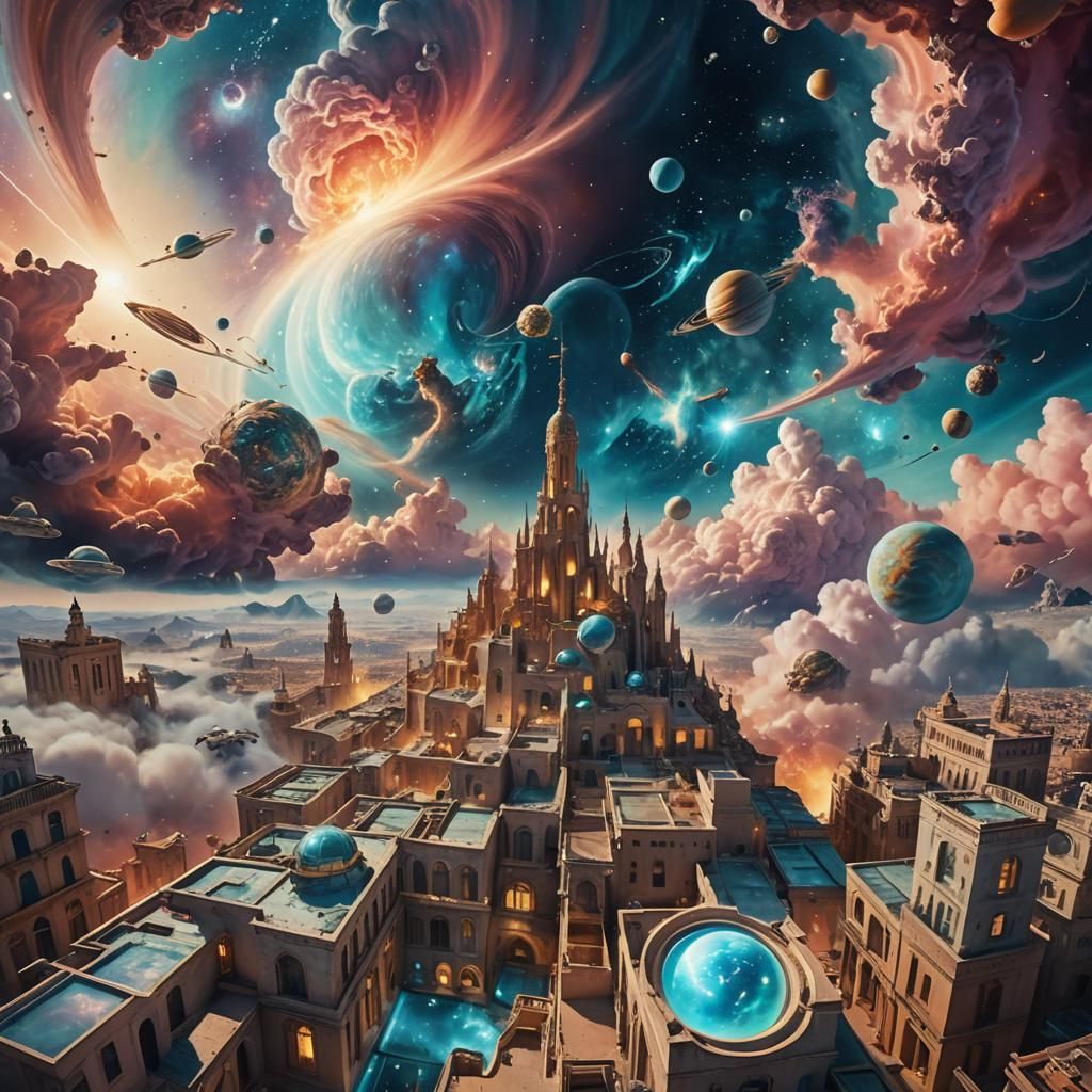 Surreal City Floating in Space as Dreamlike Art