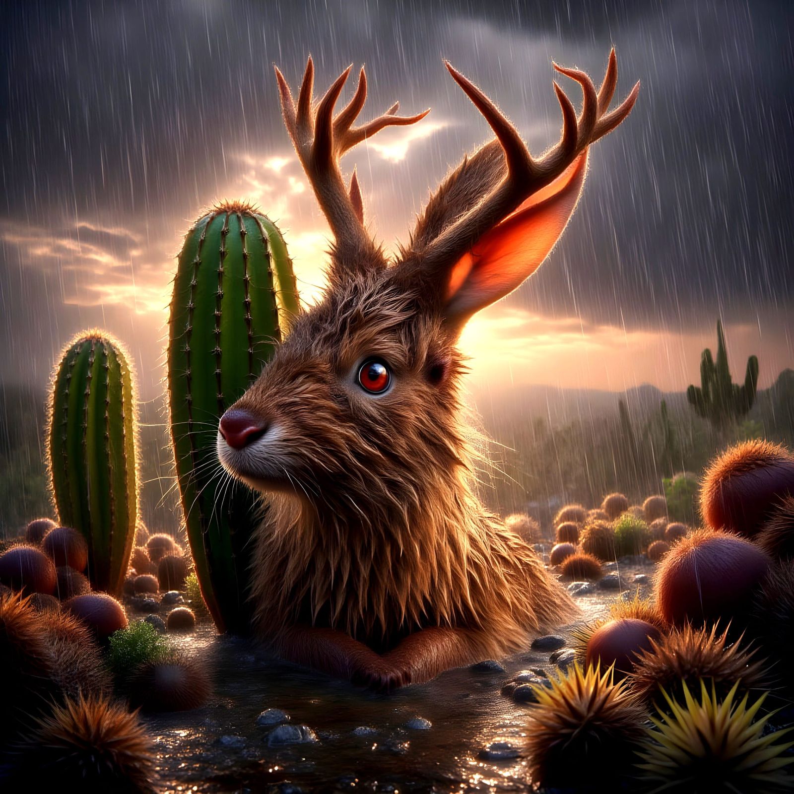 Jackalope Seeks Shelter Under Cactus in Dramatic Rain