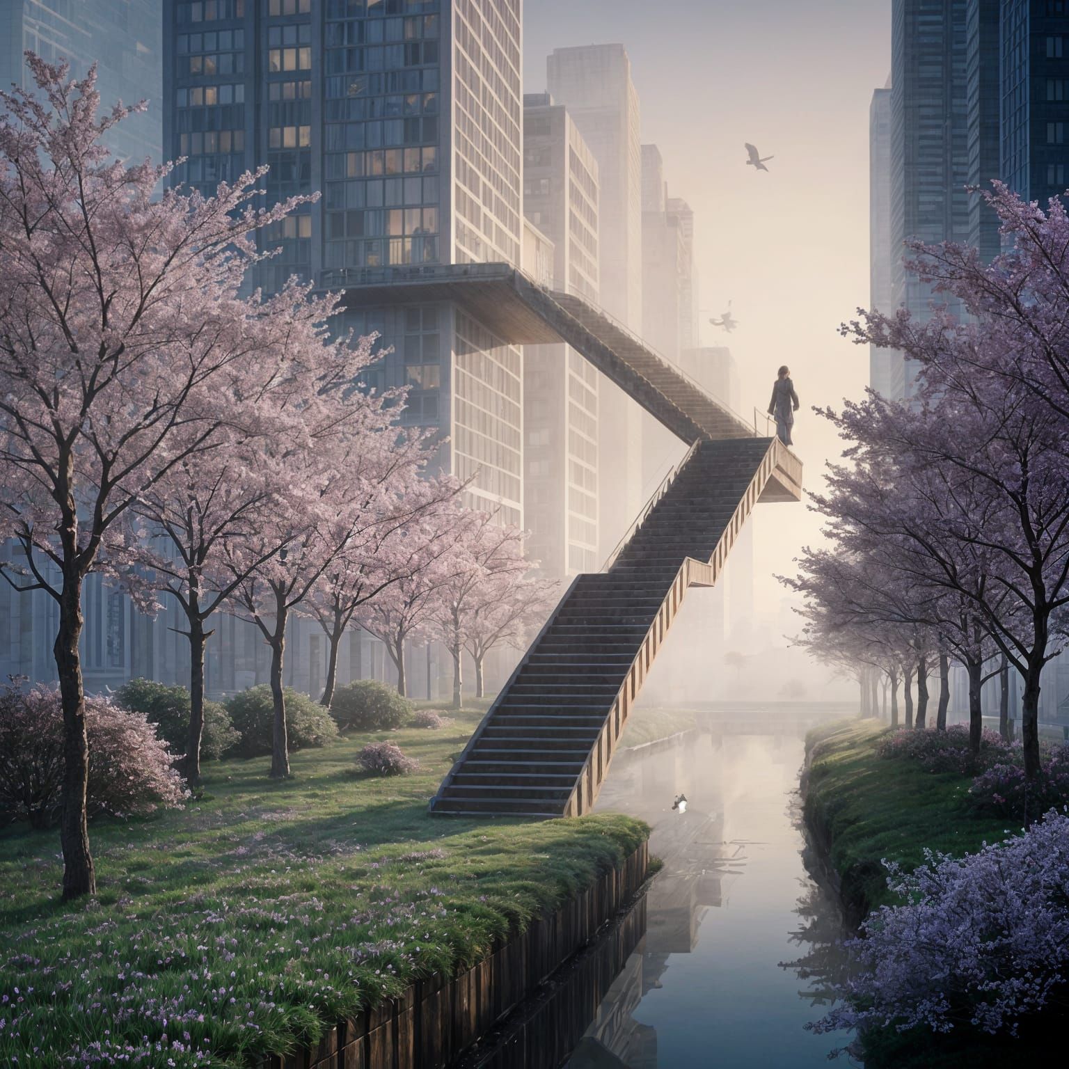 Ethereal Spring Dawn: Figure Above Cherry Blossoms