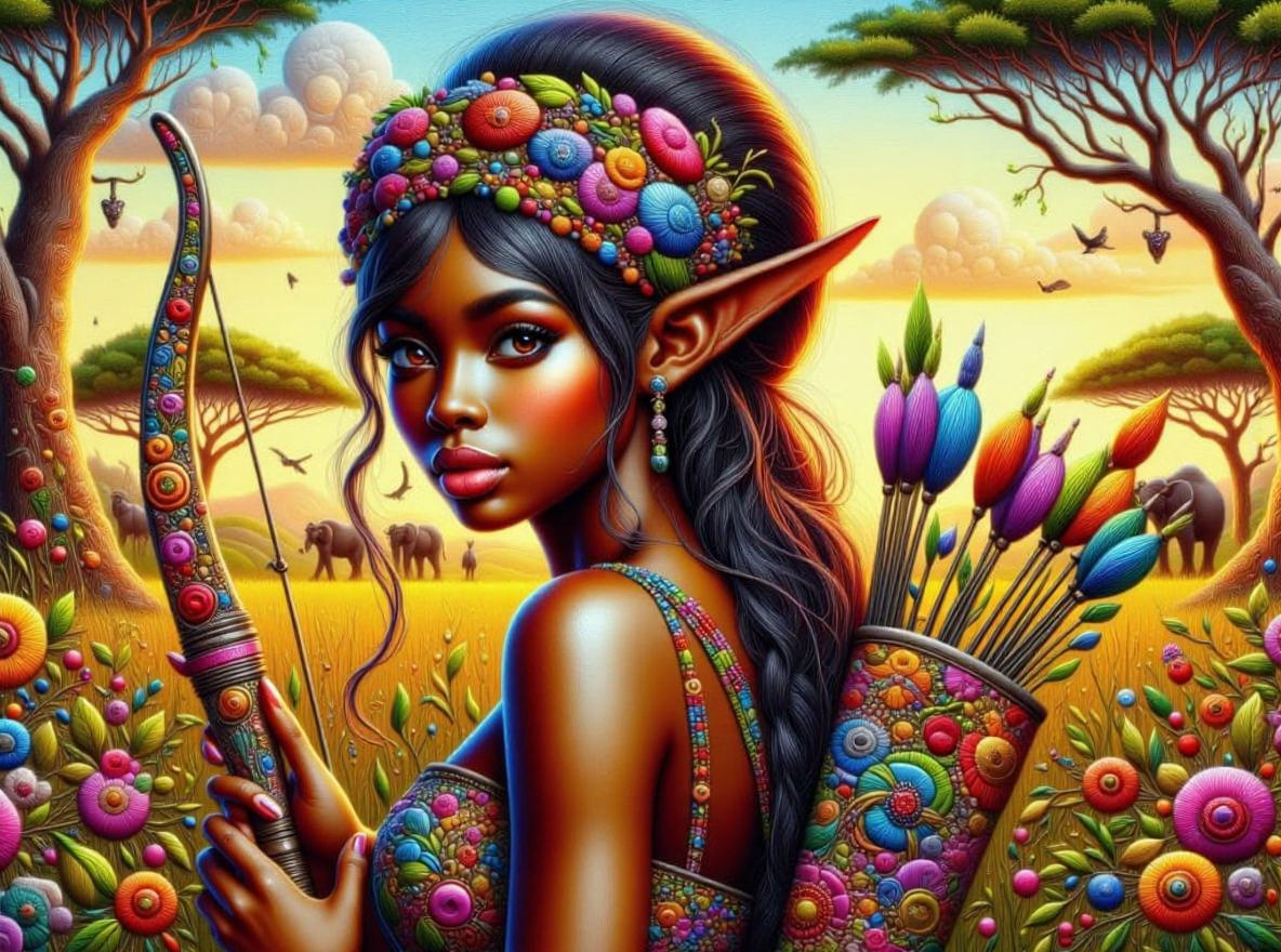 African Elf Huntress in Savannah, Oil Painting Style