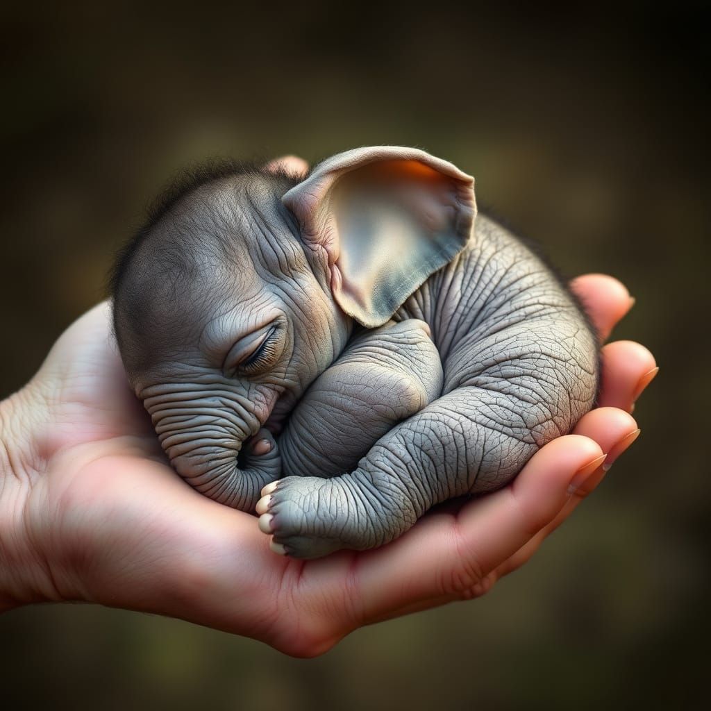 Tiny Elephant Baby Curled Up in a Hand