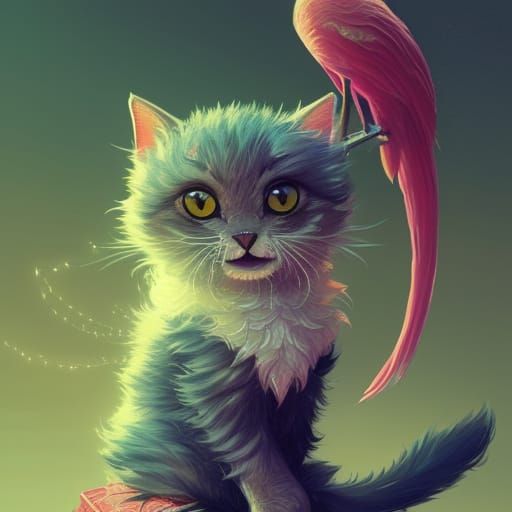 Adorable Chibi Cat-Flamingo Hybrid in Digital Painting Style