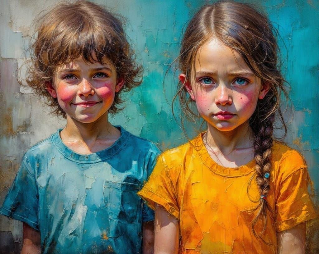 Brother and Sister Portrait as Oil Painting