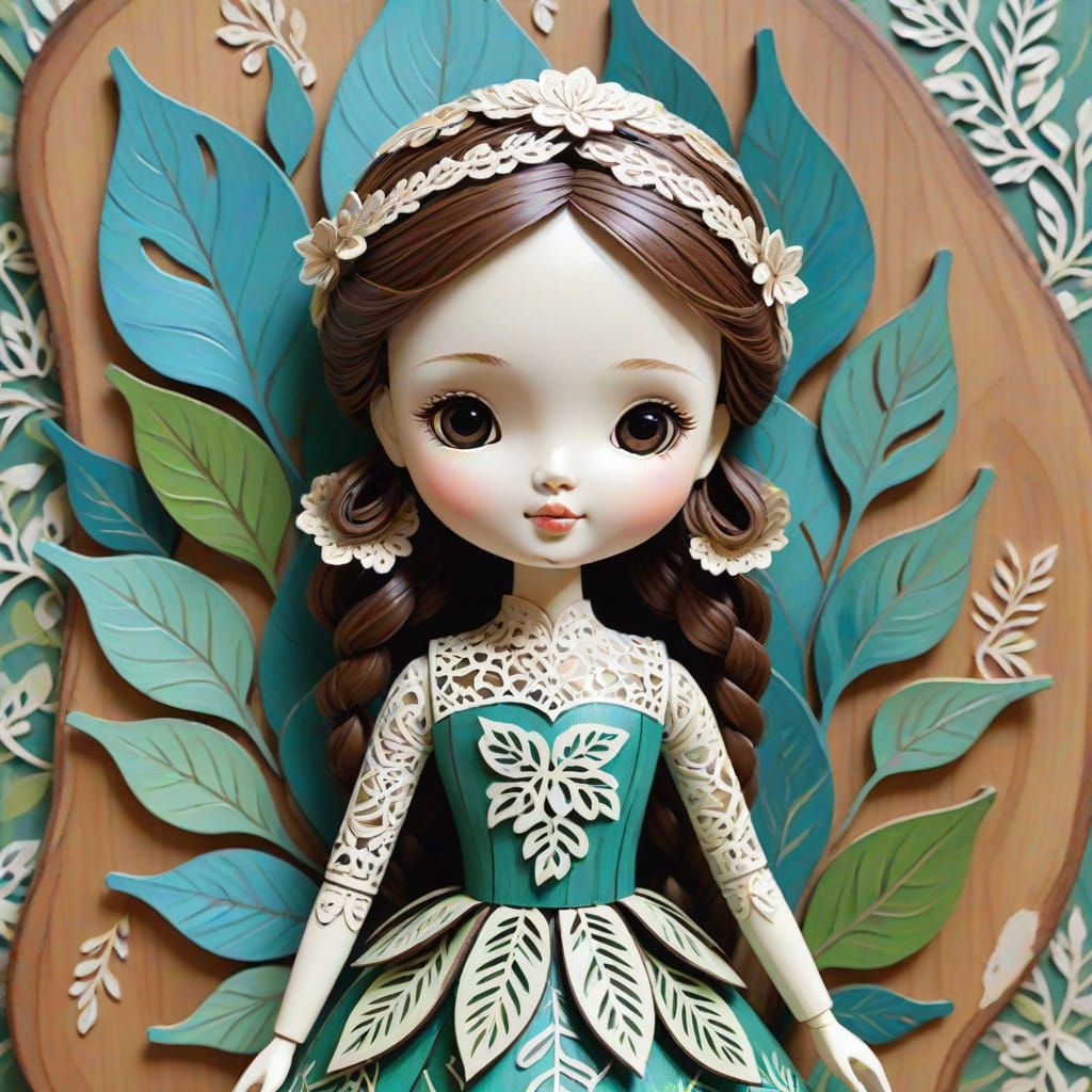 Beautiful Hand Painted Kimi Doll with Filigree Leaf Backgrou...