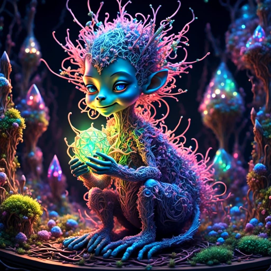 Baby Druid Eating Crystals in Eco-Futuristic City