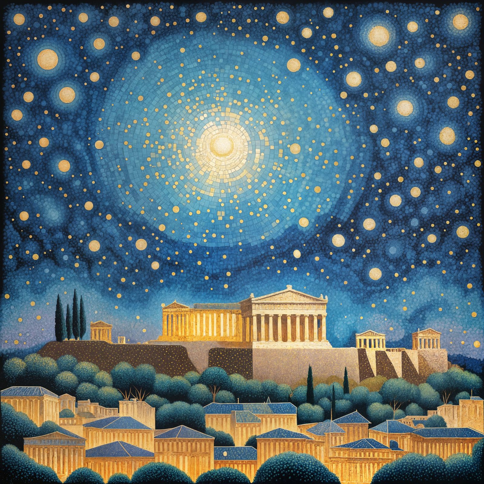 Acropolis at Night in Pointillist Style