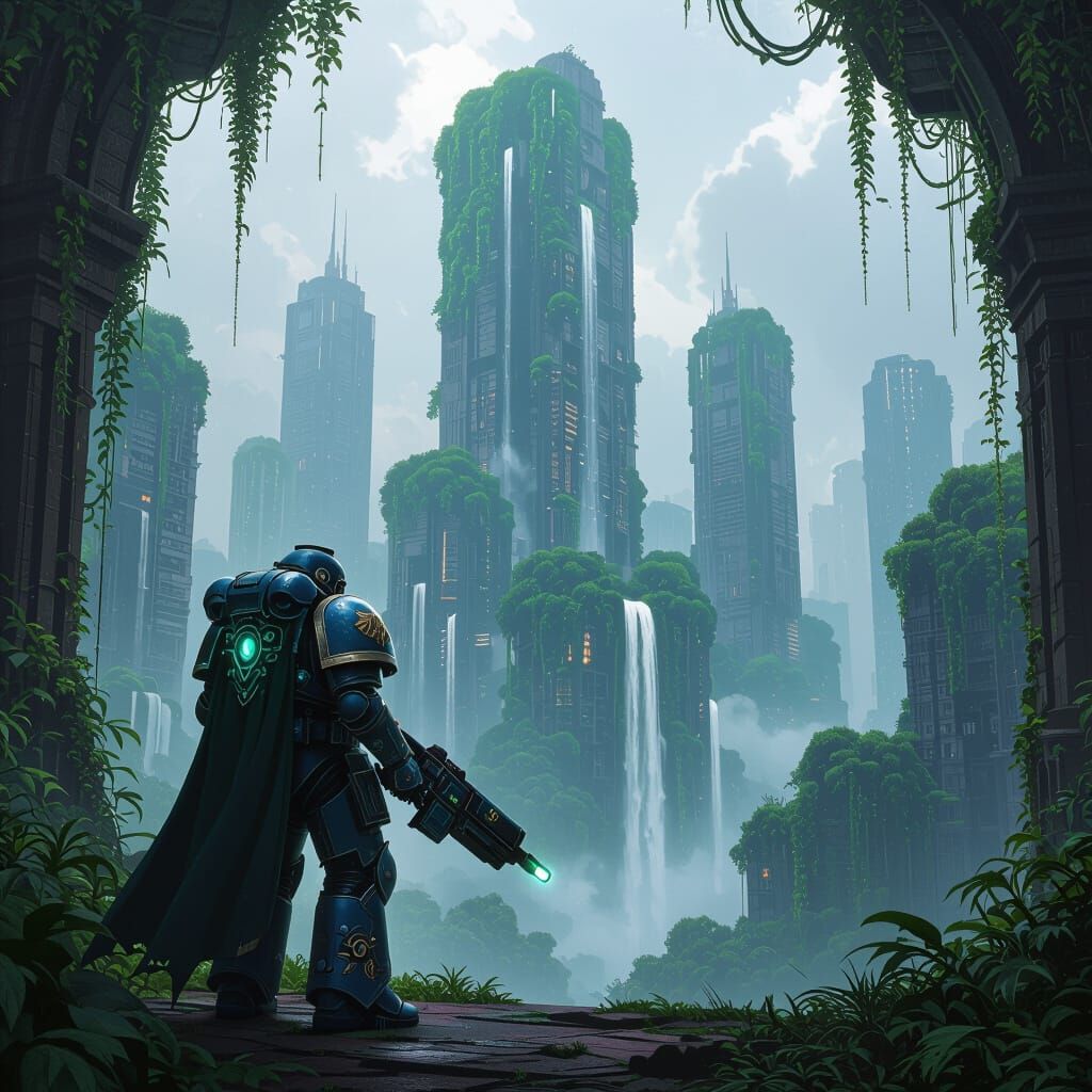 Space Marine Guards Overgrown Jungle City in Digital Illustr...