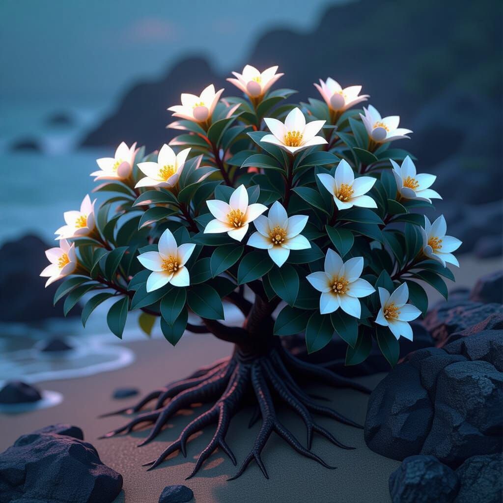 Seawood Shrubs on Rocky Shores in Dark Fantasy Style