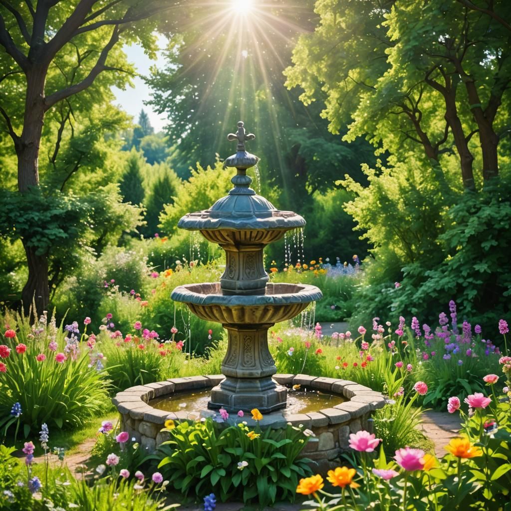 Idyllic Flower Garden with Water Well in Sunlight