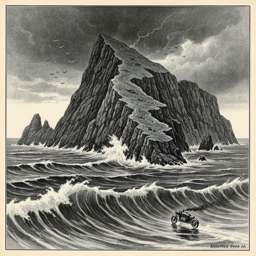 Stormy Island Cliffs With Approaching Motorboat in 1930s Sty...