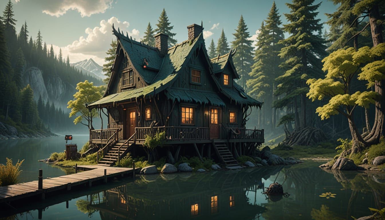 Monster Visits Lakeside Cabin in Detailed Fantasy Matte Pain...
