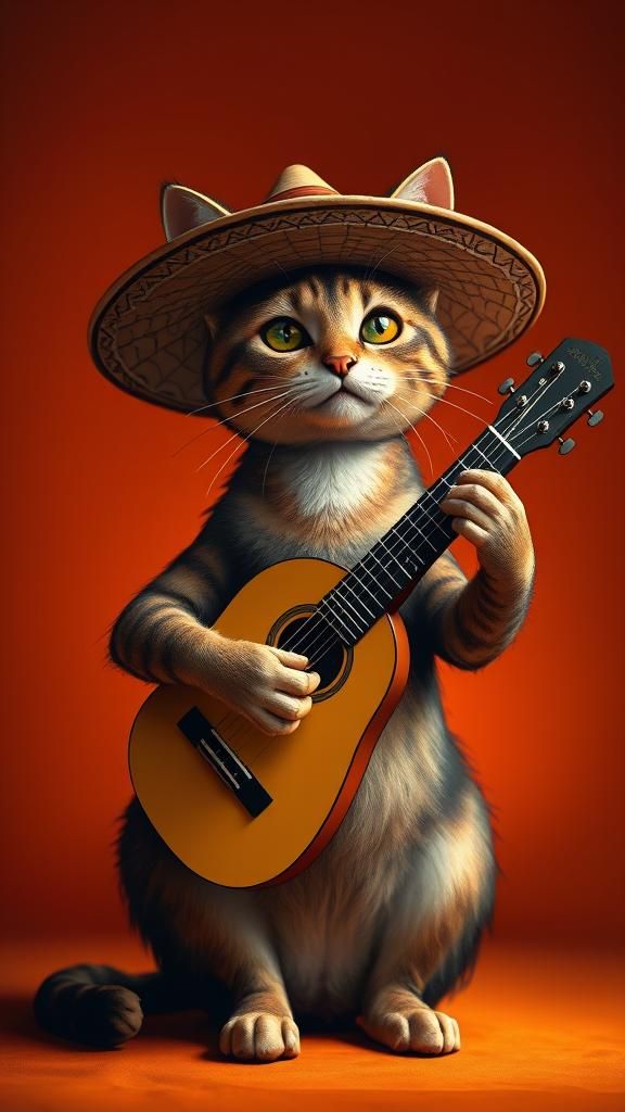 Cartoon Cat with Guitar in Mexican Folk Art Style