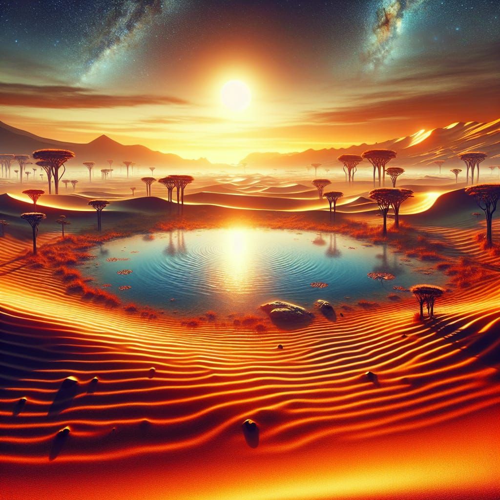 Martian Desert Oasis with Alien Trees