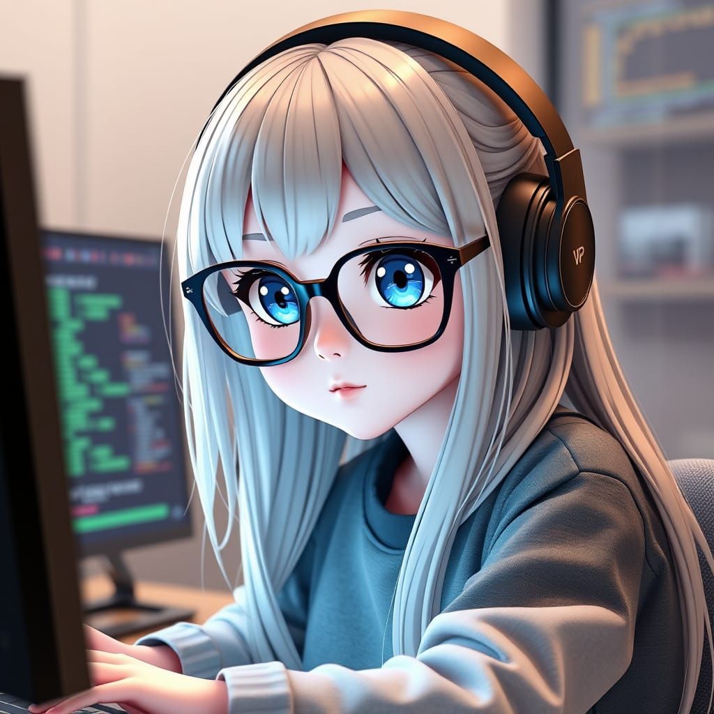 Cute Nerdy Girl Coding in 3D Anime Style