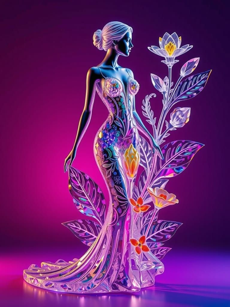 Luxurious Transparent Woman Statuette with Neon Floral Bouqu...