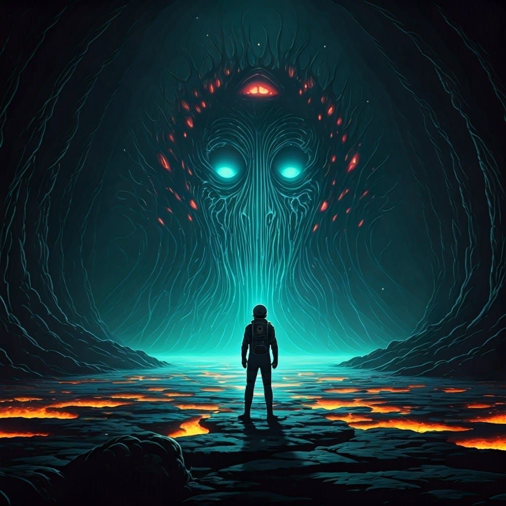 Heroic Figure Faces Nightmarish Cryptid in Glowing Abyss