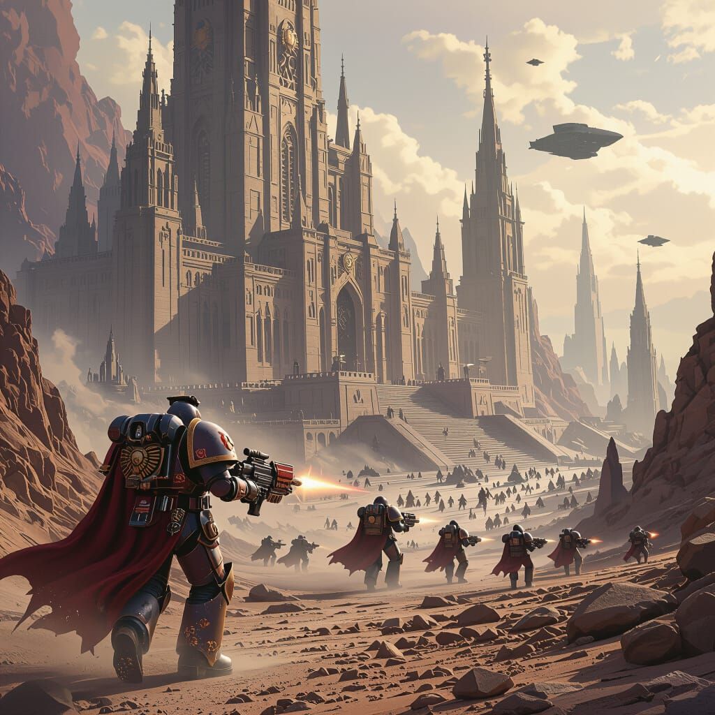 Traitor Space Marines Flee Terra in Matte Painting Style