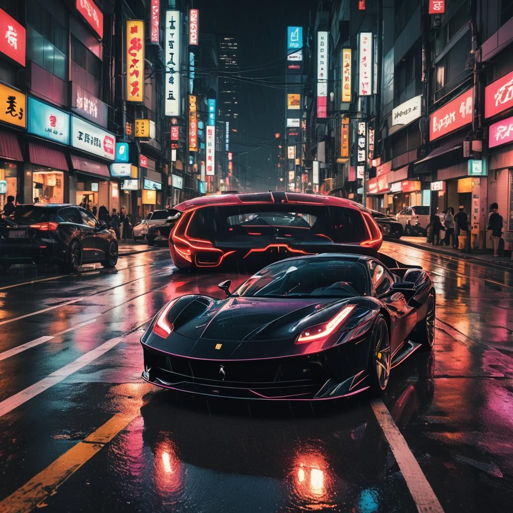 Neon-Lit Ferrari J50 Concept Art in Cyberpunk Style