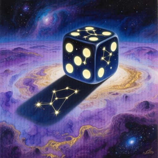 Oversized Die Casts Cosmic Shadow in Surreal Landscape